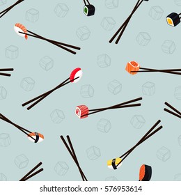 Seamless background of rolls and sushi with chopsticks