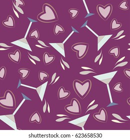 Seamless background. Romantic rendezvous, date. assignation. Drinks, hearts. Vector