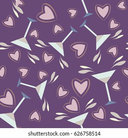 Seamless background. Romantic rendezvous, date. assignation. Drinks, hearts. Vector