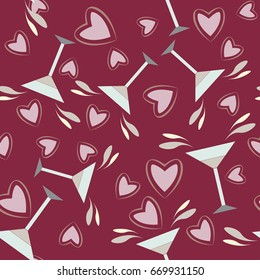 Seamless background. Romantic rendezvous, date. assignation. Drinks, hearts. Vector