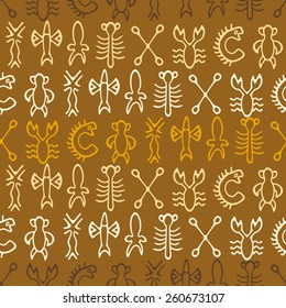 Seamless background with Rongorongo glyphs for your design (sea turtle,squid,crayfish,flying fish,cross,palm tree,caterpillar,centipede)