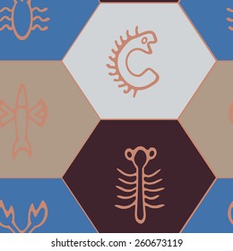 Seamless background with Rongorongo glyphs for your design(sea turtle,squid,crayfish,flying fish,cross,palm tree,caterpillar,centipede) 