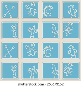 Seamless background with Rongorongo glyphs for your design(sea turtle,squid,crayfish,flying fish,cross,palm tree,caterpillar,centipede)