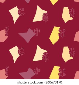 Seamless background with Rongorongo glyphs for your design(sea turtle,squid,crayfish,flying fish,cross,palm tree,caterpillar,centipede)