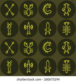 Seamless background with Rongorongo glyphs for your design(sea turtle,squid,crayfish,flying fish,cross,palm tree,caterpillar,centipede)