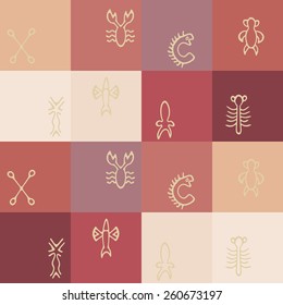 Seamless background with Rongorongo glyphs for your design(sea turtle,squid,crayfish,flying fish,cross,palm tree,caterpillar,centipede)