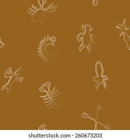 Seamless background with Rongorongo glyphs for your design(sea turtle,squid,crayfish,flying fish,cross,palm tree,caterpillar,centipede)