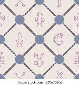 Seamless background with Rongorongo glyphs for your design(sea turtle,squid,crayfish,flying fish,cross,palm tree,caterpillar,centipede)