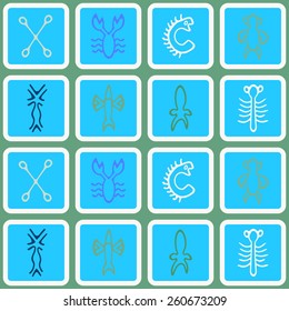 Seamless background with Rongorongo glyphs for your design(sea turtle,squid,crayfish,flying fish,cross,palm tree,caterpillar,centipede)