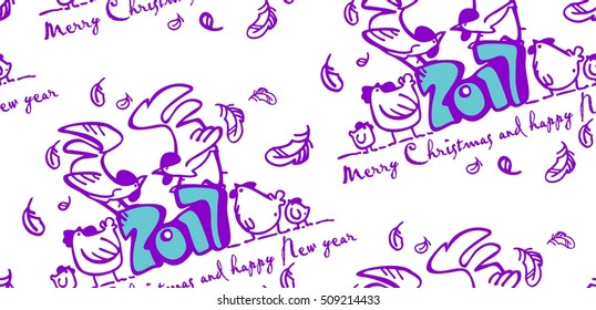 seamless background with a rooster, holiday wrap, chicken, chickens, funny chicken, symbol of the year, a happy Christmas and New Year