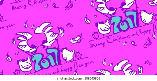 seamless background with a rooster, holiday wrap, chicken, chickens, funny chicken, symbol of the year, a happy Christmas and New Year