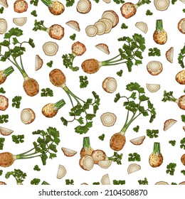 Seamless background of root celery. Whole, half, quarter, sliced celery. Celery with leaves. Organic vegetables. Vector illustration in cartoon style isolated on white background. Seamless pattern