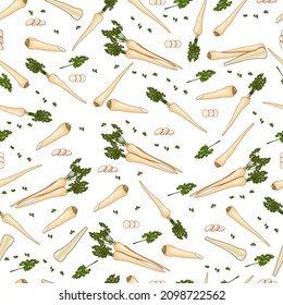Fondo transparente del perejil raíz. Perejil entero, medio y cortado. Parsley con hojas. Verduras orgánicas y sanas, vegetarianas. Ilustración vectorial al estilo de las caricaturas. Patrón sin foco.