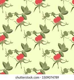 Seamless background with rosehip branches, red and green rosehip berries and green leaves isolated on  light green background. Vector illustration.