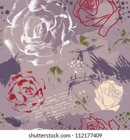 Seamless background with roses, brush strokes and calligraphy