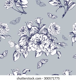 Seamless background with roses  and with butterflies. Vector illustration