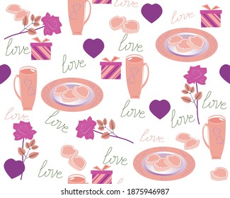 Fondo incomparable con rosas, tazas, galletas, regalos y corazones para diseñar tarjetas de San Valentín. Ilustración del vector