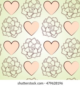 Seamless background with roses and heart.