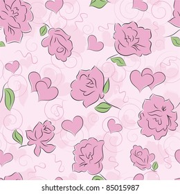 Seamless background with roses and hearts