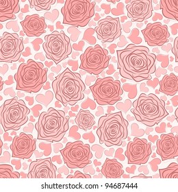 Seamless background with roses and hearts