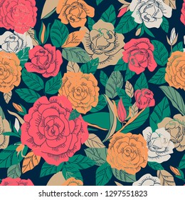 seamless background with roses and leaves
