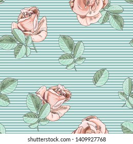 Seamless background with roses, leaves and stripes. Summer sale, big discount, greeting card, cosmetics label, background for fabrics and holidays: wedding, Birthday, party