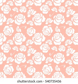 Seamless background with roses and leaves white on pink.