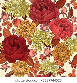 Seamless background with roses, peonies, asters. Vector pattern with flowers,