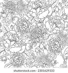 Seamless background with roses, peonies, asters. Vector outline pattern with flowers