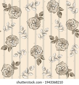 Seamless background with roses. Vertical stems with rose thorns. Champagne splash color background. Branches with beige rose leaves, lush roses. Square vector illustration. Eps 10.