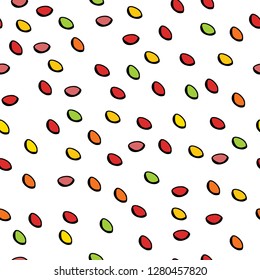 Seamless background with round candies. Yellow, green, white, red, pink and orange colors.