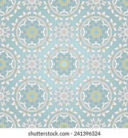 Seamless background with round elements. Delicate pattern with branches and mistletoe.