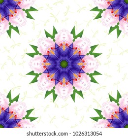 Seamless background with round floral pattern. Flowers of irises and dragonflies on backdrop.