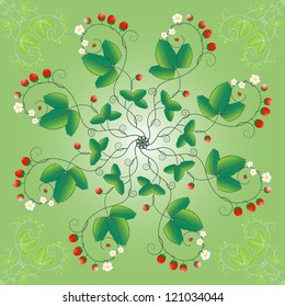 Seamless background with round lace pattern and  corners. Natural elements. Strawberry plants. Bright colors and gradient.