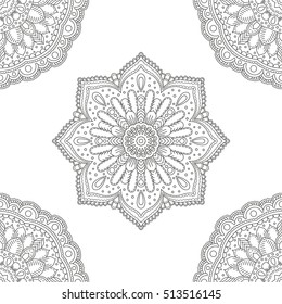Seamless background of round ornament. Banner with round ornament. Circle elements vintage decorative pattern. Hand drawn. Vector illustration.