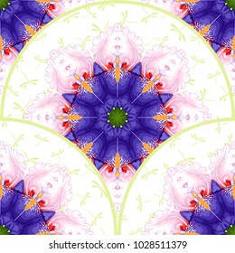 Seamless background with round pattern of flowers of irises. Dragonflies on backdrop.