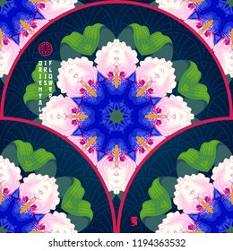 Seamless background with a round pattern of flowers iris and oriental embroidery