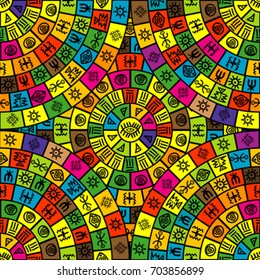 Seamless background with round shapes and ethnic symbols