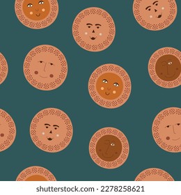 Seamless background, roundish abstract faces. Multipurpose use, man odd appearance. Repeating surface pattern
