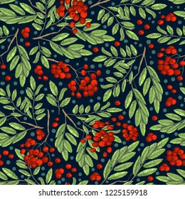 Seamless background with Rowan branches with berries and leaves for cards, banners and advertising on the theme of autumn, harvest, winter and Christmas. For decoration of textiles, packaging paper
