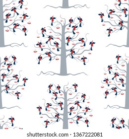 Seamless background of rowan trees with birds