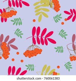 Seamless background with rowanberry and leafs, beautiful autumn pattern, vector illustration.