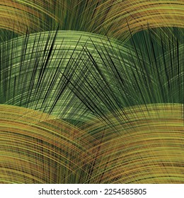 Seamless background with rows of arch and fan intersecting elements in green and orange colors 
