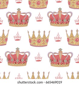 Seamless background with royal crowns on white. Graphic vector illustration, doodle sketch with vintage design elements. Suitable for invitation, greeting cards