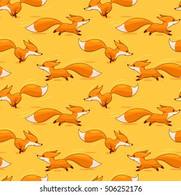 Seamless background with running cartoon red foxes, vector pattern