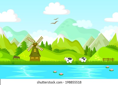 seamless background of rural area with windmill and farm animals