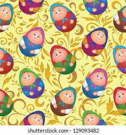 Seamless background, Russian traditional national wooden dolls Matreshka in the form of Easter eggs and floral pattern. Vector