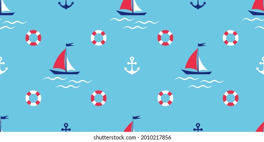 Seamless background. Sailboat with anchor and lifebuoy against blue background. Cute marine pattern for fabric, clothing, textile, wrapping paper 