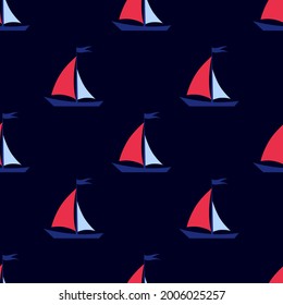 Seamless background. Sailboat on a dark, blue background 