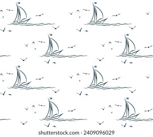 The seamless background with sailboat in the sea and birds.
